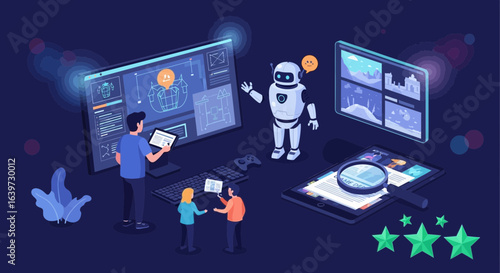 Isometric view of design team collaborating with AI assistant on metaverse project