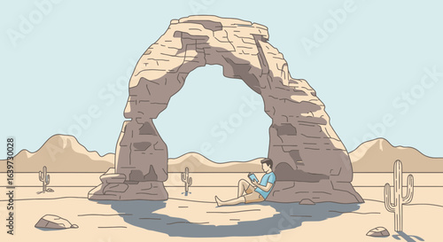 Peaceful reading under a natural arch in the vast desert landscape