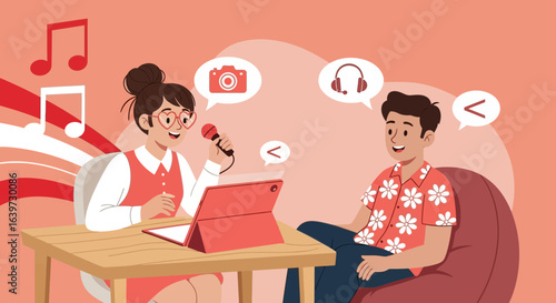 Podcast interview illustration with digital icons and cheerful presenters