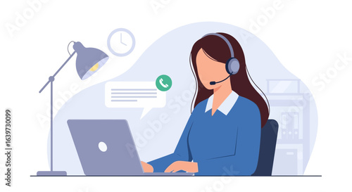 Professional support staff with headset working on laptop assistance system