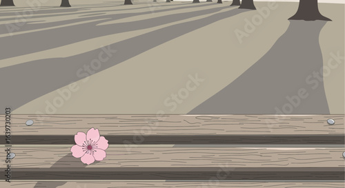 Sakura resting on a park bench, with an avenue of trees beyond