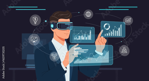 Man explores business data in augmented reality with a virtual display