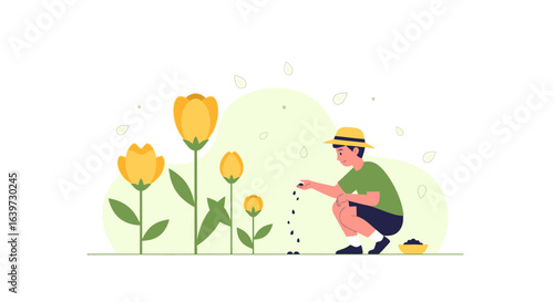 Man sowing seeds near yellow flowers in a clean minimalistic scene