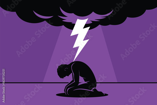 A silhouette of a person kneeling under a lightning bolt and dark clouds in a purple setting
