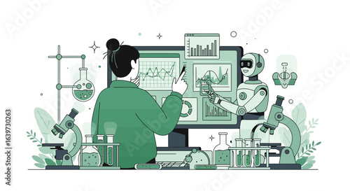 Scientist collaborates with advanced robot on laboratory research analysis
