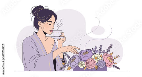 Serene woman in robe enjoying tea near elegant flower arrangement