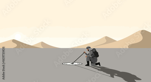 Modern illustration depicting discovery in desolate desert environment