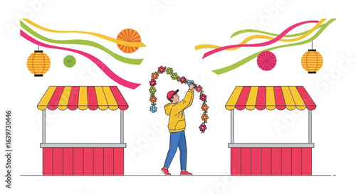 Setting up a vibrant market fairground with festive decorations and flower garlands
