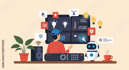 Person controlling smart home automation with intelligent interface display