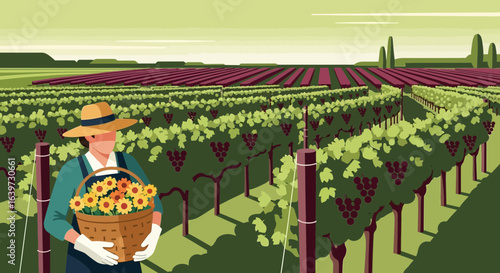 Person harvesting flowers in vineyard, scenic rural landscape artwork