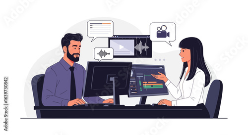 Two professional designers collaborating on a video editing project remotely