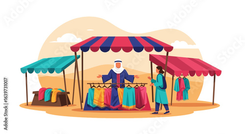 Vibrant traditional textile market illustration with potential customer