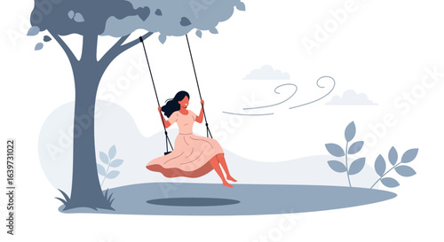 Serene moment of woman enjoying tranquility on swing under a large tree