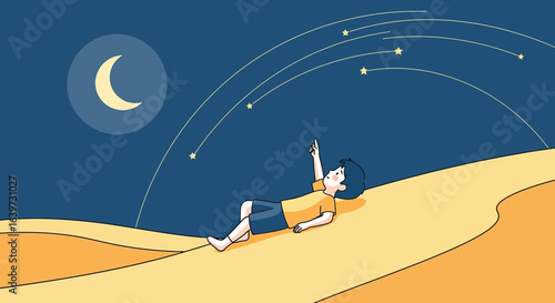 Serene night gazing artwork features a young boy admiring celestial wonders