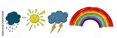 Set of colorful doodles of clouds, sun, rainbow, thunder. Vector graphics.