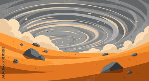 Surreal Martian Landscape Illustration with a Swirling Stormy Atmosphere