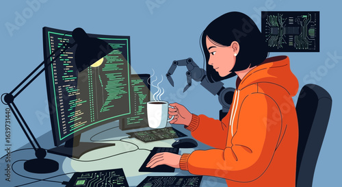 Coding session with futuristic elements: Woman, AI robotic assistance and coding