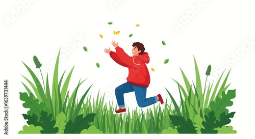 Joyful Jump: Cartoon Person Leaping Through Lush Green Grass Vector Scene