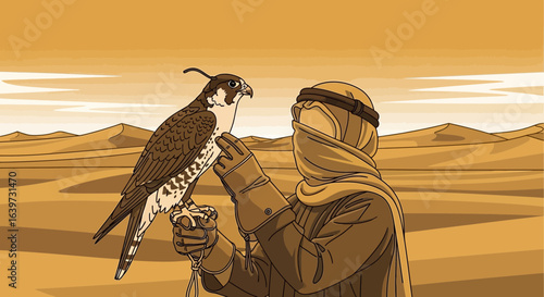 Traditional falconry depiction in serene desert landscape with trainer and bird