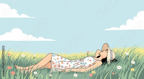Dreamy afternoon: A young woman relaxing on a meadow under the summer sky