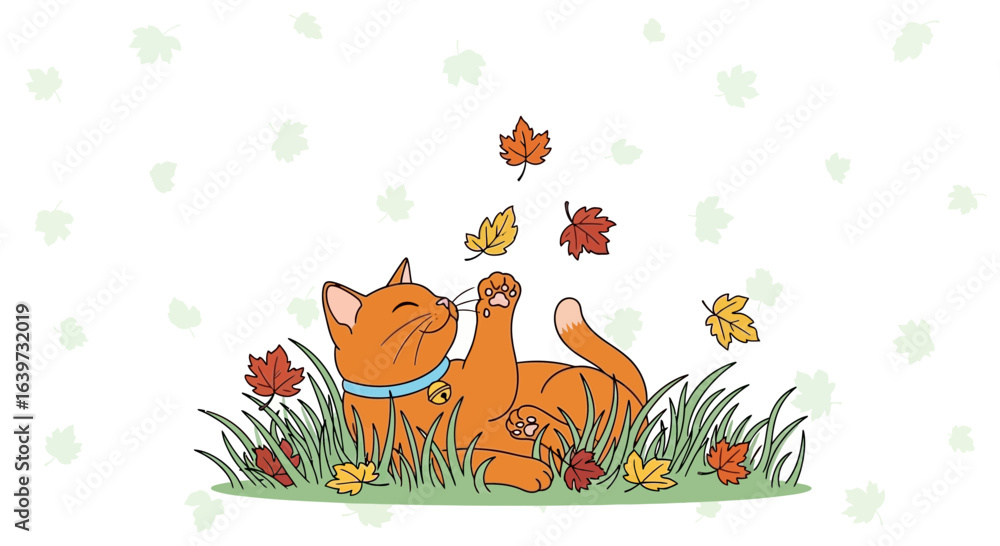 Fototapeta premium Whimsical autumn: joyful ginger cat playing with falling colorful foliage