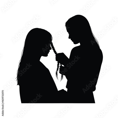 Silhouette of two girls braiding hair friendship sisterhood hair styling black and white vector illustration