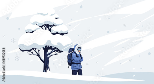 Winter solitude: Trekker braving the snow-covered landscape, a tranquil scene
