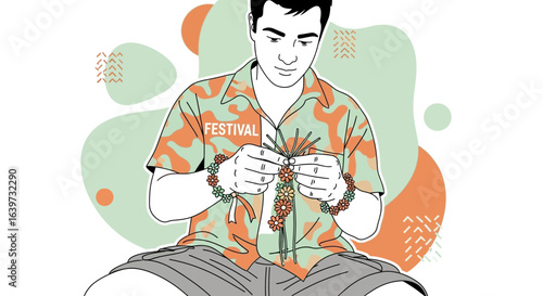 Crafting summer vibes: a man prepares floral adornments for festival fun