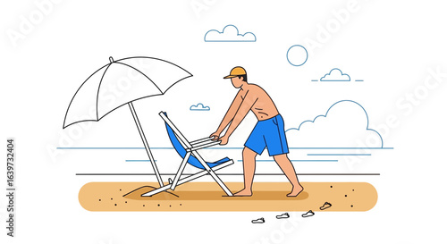 Minimalist Illustration: Man Setting Up Beach Chair Under an Umbrella