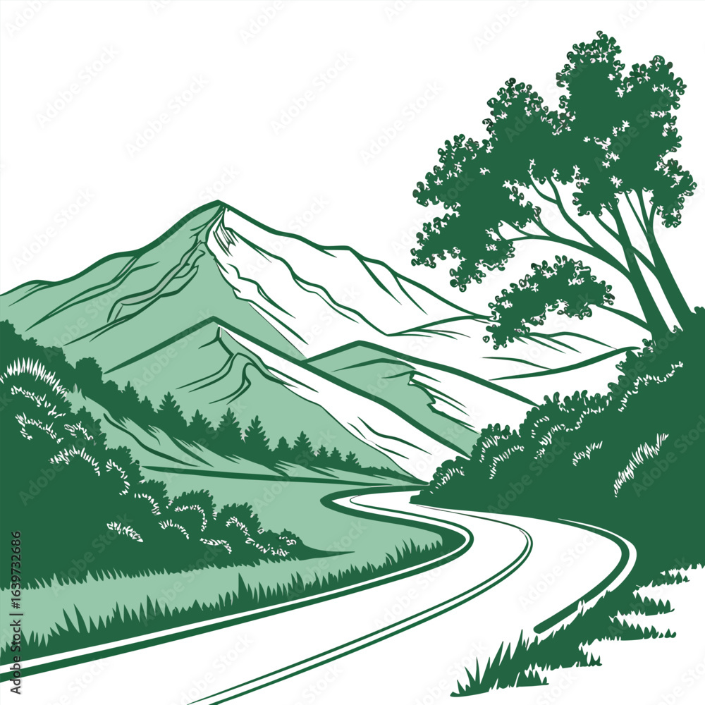 Fototapeta premium A winding road cutting through tall green mountains under a bright blue sky with fluffy white clouds