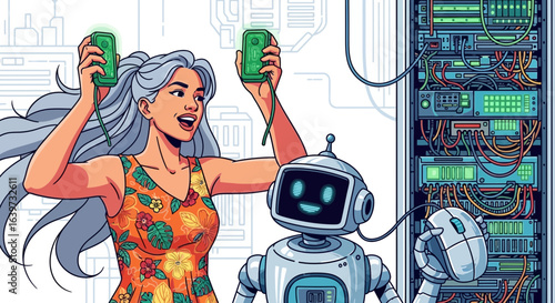 Woman and Robot Troubleshooting Data Server Rack with Diagnostic Tools