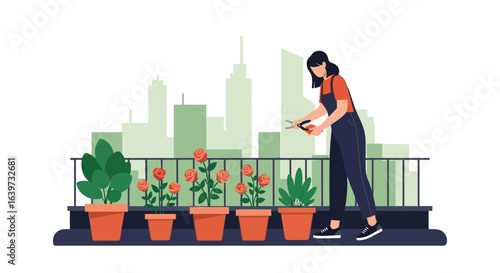 Woman tending her rooftop garden, with cityscape backdrop, relaxing hobby