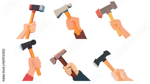 A hand holding a hammer in a bold vector style, symbolizing labor rights, unity, and strength for May Day concept designs, perfect for posters, banners, and workers’ solidarity illustrations.