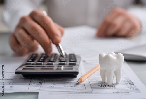 A woman uses a calculator to determine the cost of dental treatment, shown with a model tooth.