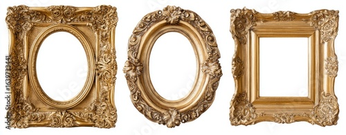 Three ornate gold picture frames, one oval and two square, on a white background