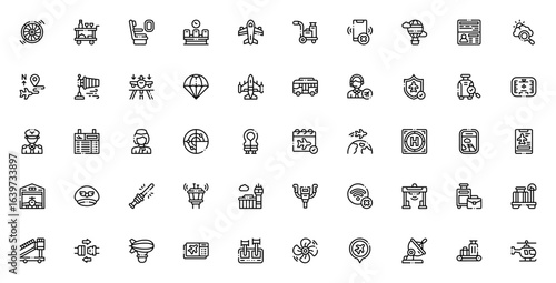 Aviation icon set. Thin line vector icons pack. Includes airplane, passport, luggage, pilot, airport, turbine, helicopter, seatbelt, radar, travel and more. Editable stroke.