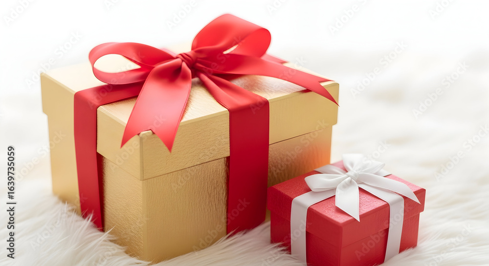 Obraz premium Elegant Gold and Red Gift Boxes with Ribbons Perfect for Holidays and Special Occasions Surprise Present Celebration Festive Packaging Christmas Birthday Anniversary Valentines Day