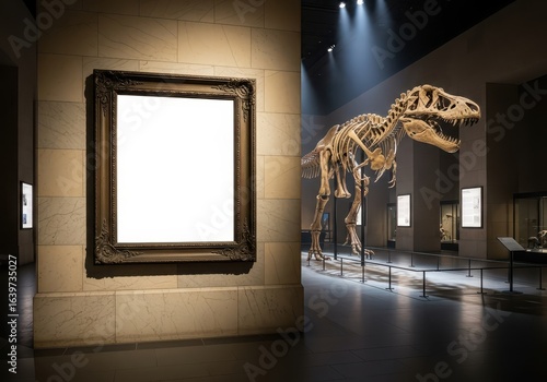 Museum Display and Art Frame: A meticulously curated museum exhibit showcases a large dinosaur skeleton alongside an empty art frame, bathed in soft, atmospheric lighting.