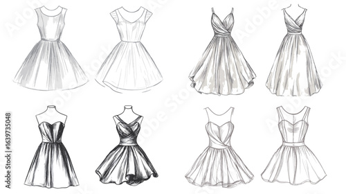 A detailed pencil sketch vector of the exact same dress design, showcasing fine hand-drawn lines and delicate shading to capture the fabric texture and dress silhouette, ideal for fashion illustration