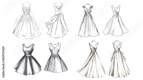 A detailed pencil sketch vector of the exact same dress design, showcasing fine hand-drawn lines and delicate shading to capture the fabric texture and dress silhouette, ideal for fashion illustration