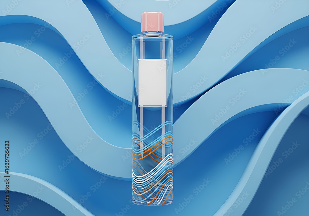 Obraz premium Clear cosmetic bottle with pink cap and blue wavy background, containing liquid and decorative elements advertising posters and food pictures for flyers, posters, prints 