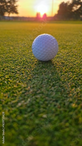 golf ball on tee. Close-up of a golf ball lying on the green grass of a golf course. Low-angle shot highlighting the texture of the turf and the details of the ball.
