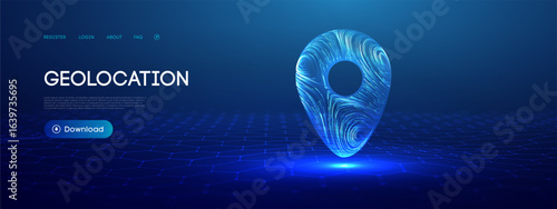 3D map pin with GPS technology and blue vector road marker for travel concepts. Abstract route path or futuristic hologram pointer for delivery services.