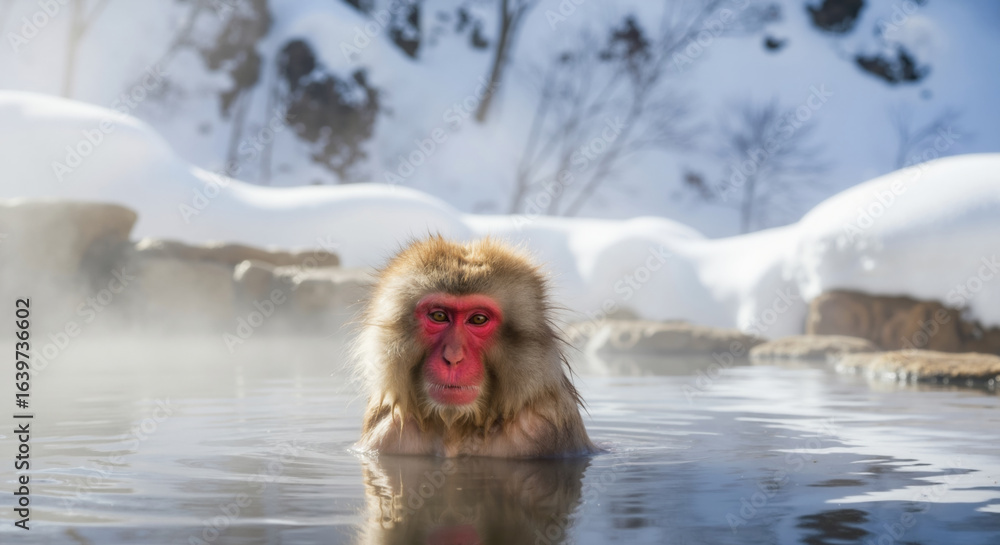 Naklejka premium Japanese macaque bathing in hot spring water with red face during winter. Snow monkey soaking in thermal pool for warmth and social behavior wildlife education