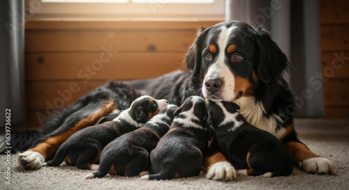 Bernese mountain dog with newborn puppies nursing on blanket indoors. Mother canine feeding young offspring for pet breeding and maternal care education content