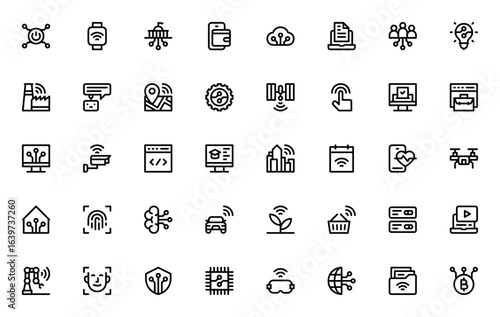 Digitalisation icon set. Modern vector icons pack. Includes Power button, Smart watch, Digital wallet, Cloud, AI, Smart city, Bitcoin and more. Editable stroke.