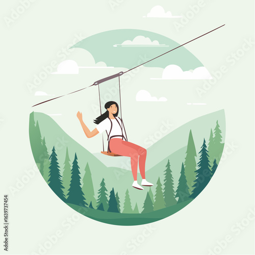 Woman on a zipline adventure in nature, a Vector Flat Minimalis and Vector Flat illustration.