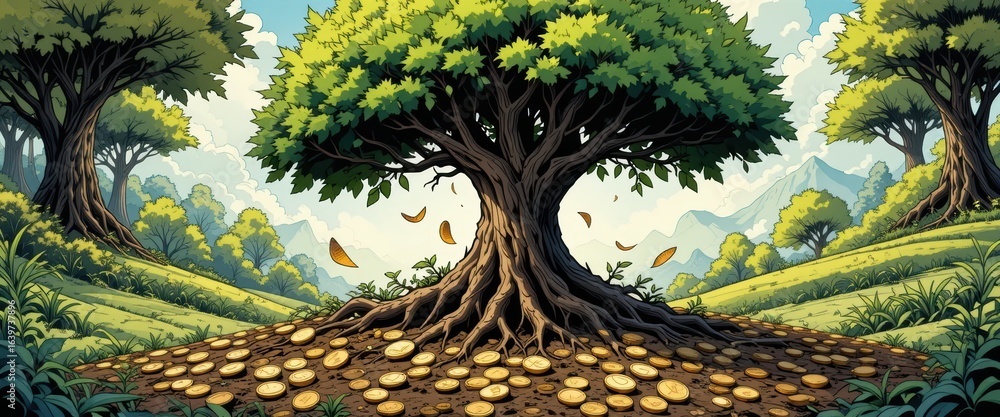 Fototapeta premium Wide shot of a mighty money tree in a lush green valley