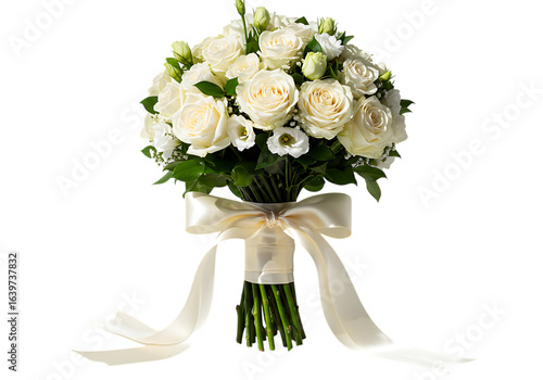 Elegant white rose and eustoma wedding bouquet with satin ribbon isolated on transparent background