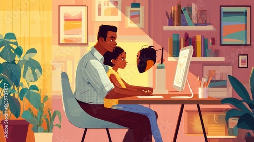An African father and daughter sit at a modern desk, looking at a computer screen. The girl is learning online, and the father guides her. 